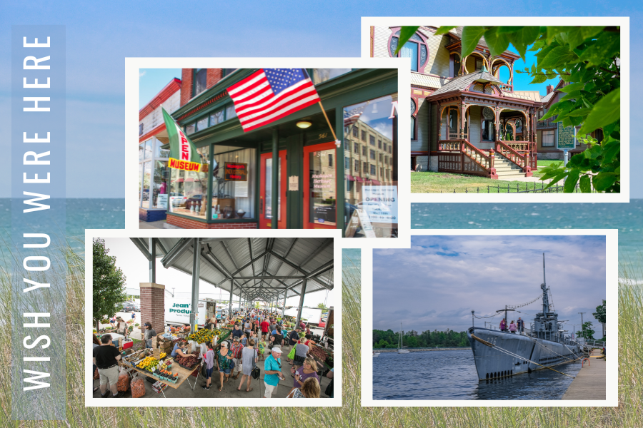 Collage of a historic house, a museum with a U.S. flag, a bustling market, and a docked submarine. Text reads "Wish You Were Here."
