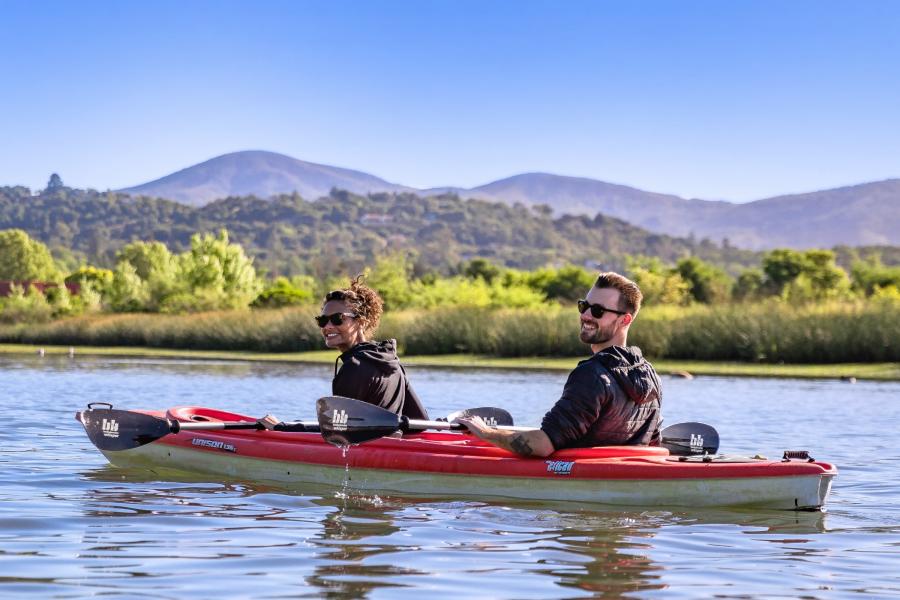 Two Men Kayaking on the Napa River in Napa Valley, CA