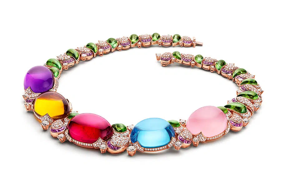 This necklace from Bulgari’s Magnifica high-jewelry collection shows its signature colors and cabochons