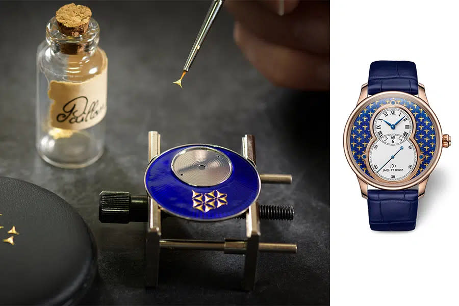 An artisan applies delicate gold paillons to a watch dial; a timepiece from Jaquet Droz featuring paillonné enamel