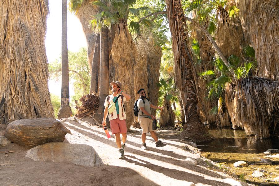 Two gay men hiking in Andreas Canyon, Palm Springs