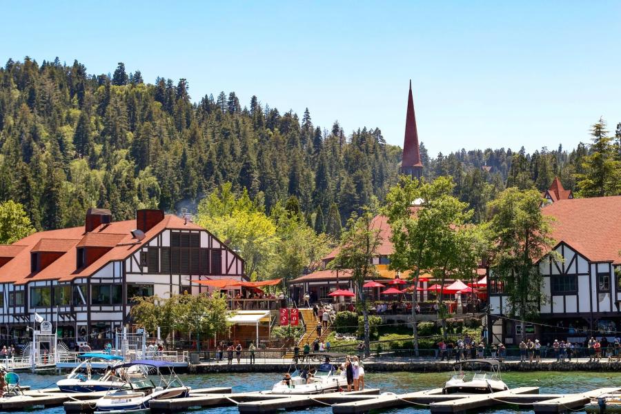 The Village at Lake Arrowhead with boats on lake