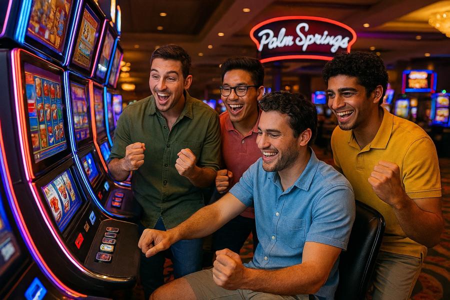 group of guys at casino slot machine