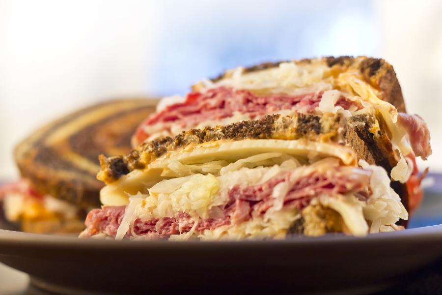 Corned beef sandwich cut in half