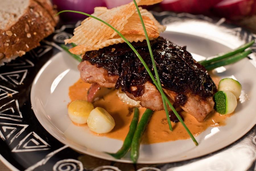 Sweet onion crusted yellowtail snapper with Madeira beurre rouge
