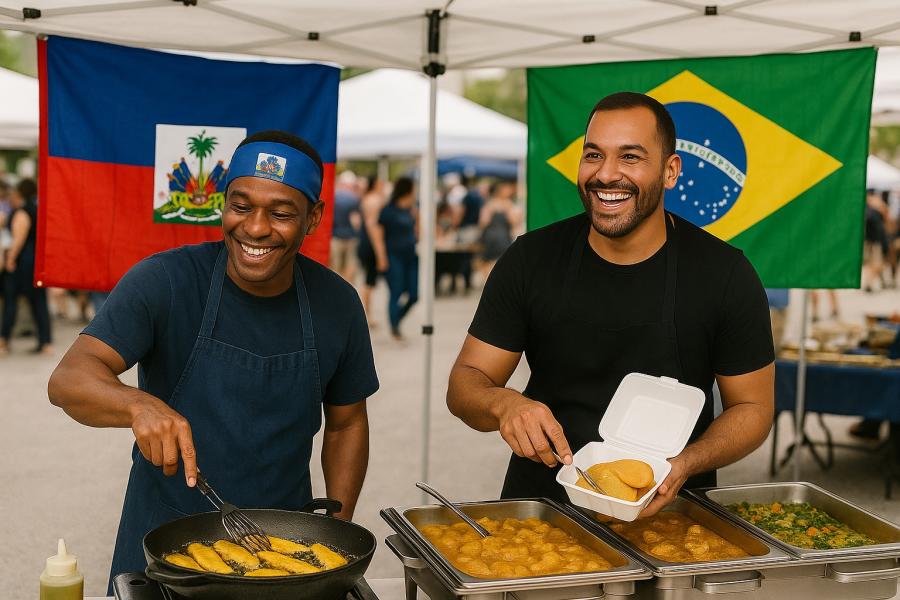 Two men serving up food to go from their vendor booth at a festival