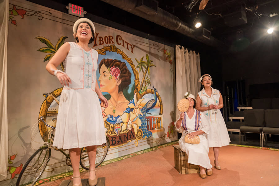 Three woman acting with a retro background