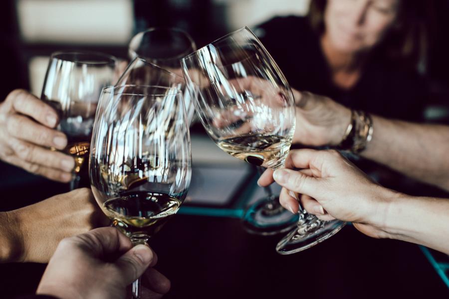 Group of friends cheering with wine glasses at a local winery