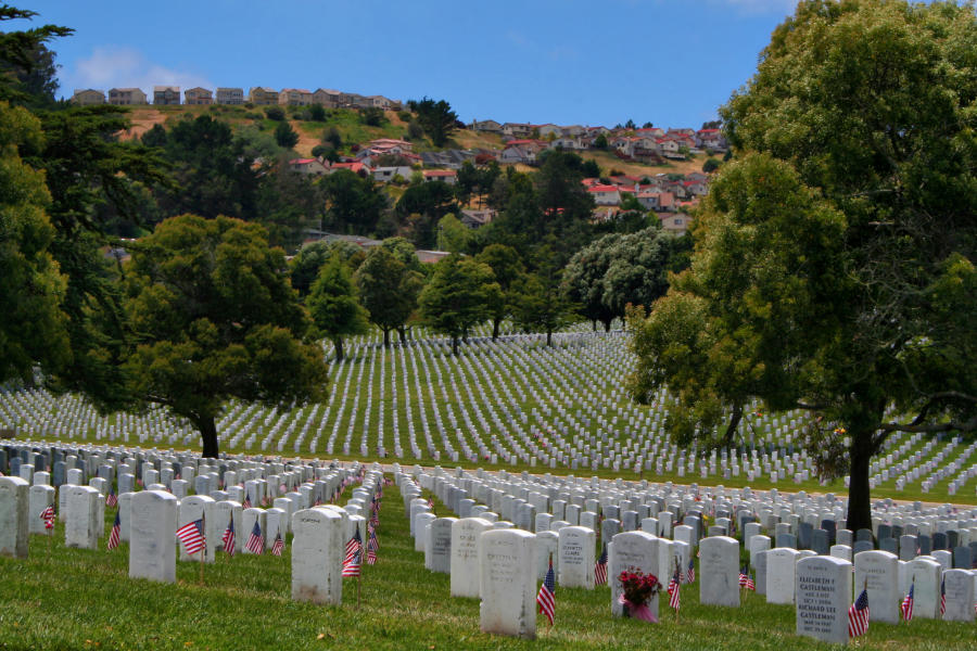 Rows of gravestones at Golden Gate National Cemetery in San Bruno, CA