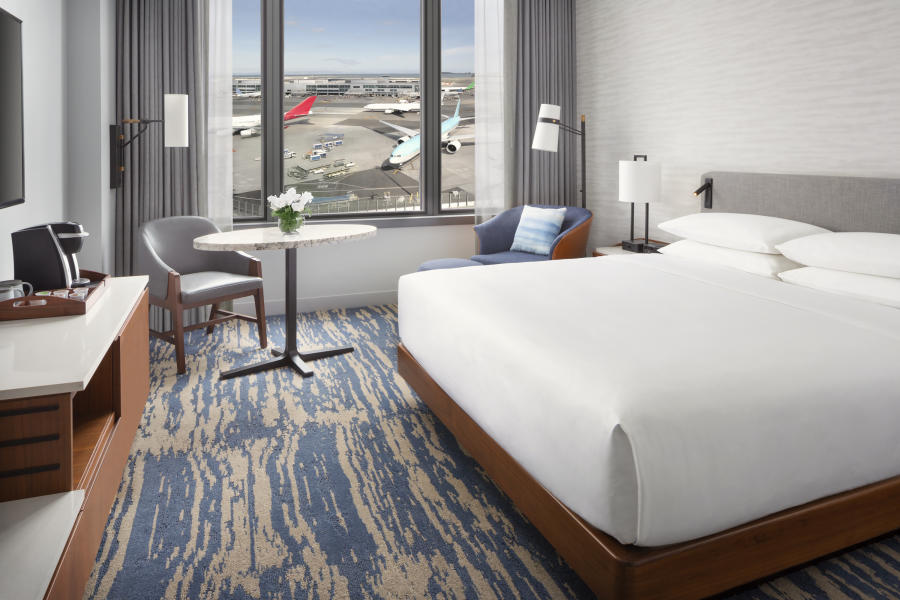 Guest room at the Grand Hyatt at SFO overlooking the runway at SFO Airport