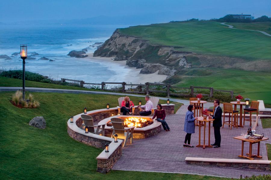 View of the outdoor fireplace at the Ritz Carlton Half Moon Bay Resort.