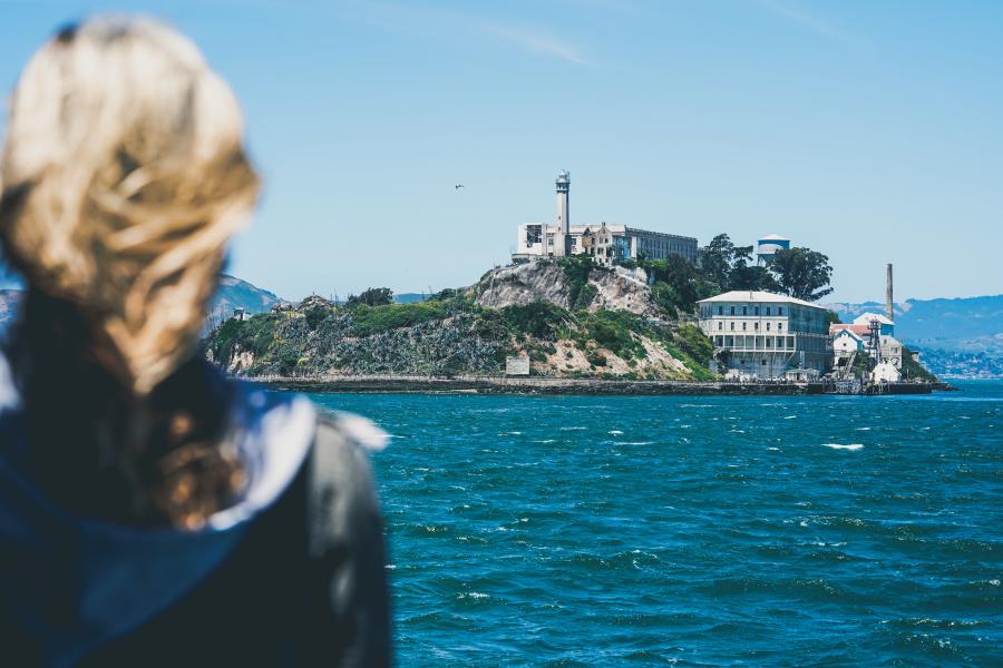 Woman on the SF Ferry on her way to Alcatraz Island