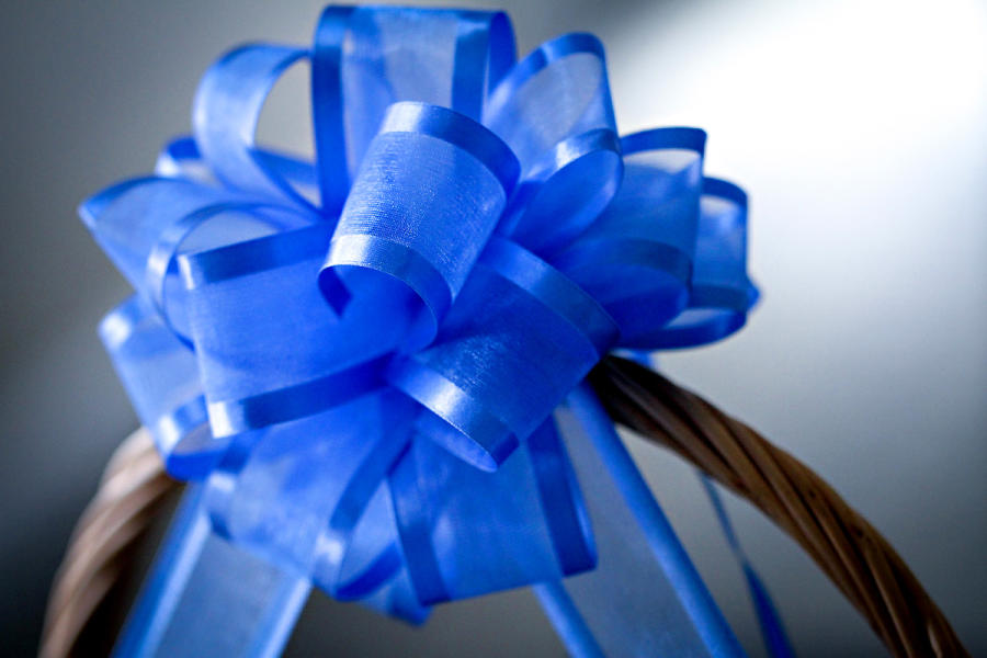Blue bow on gift basket