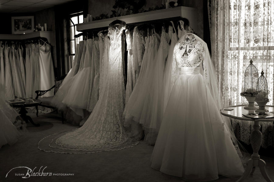 Black and white photo of wedding gowns at Something Bleu Bridal in Saratoga Springs, NY
