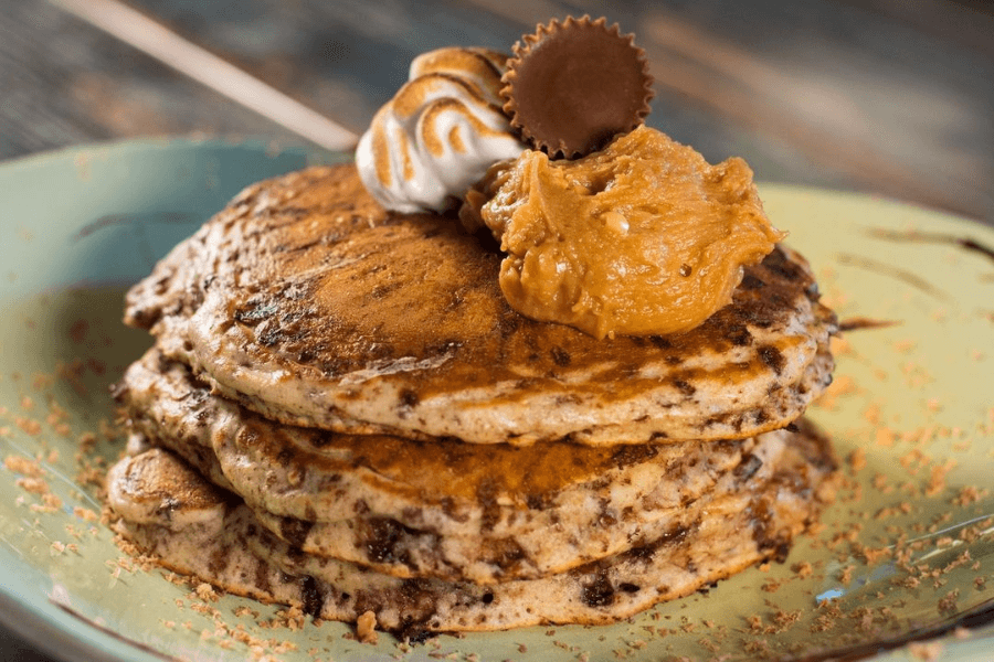 Pancakes topped with peanut butter at Neighborhood Jam in Tulsa, OK.