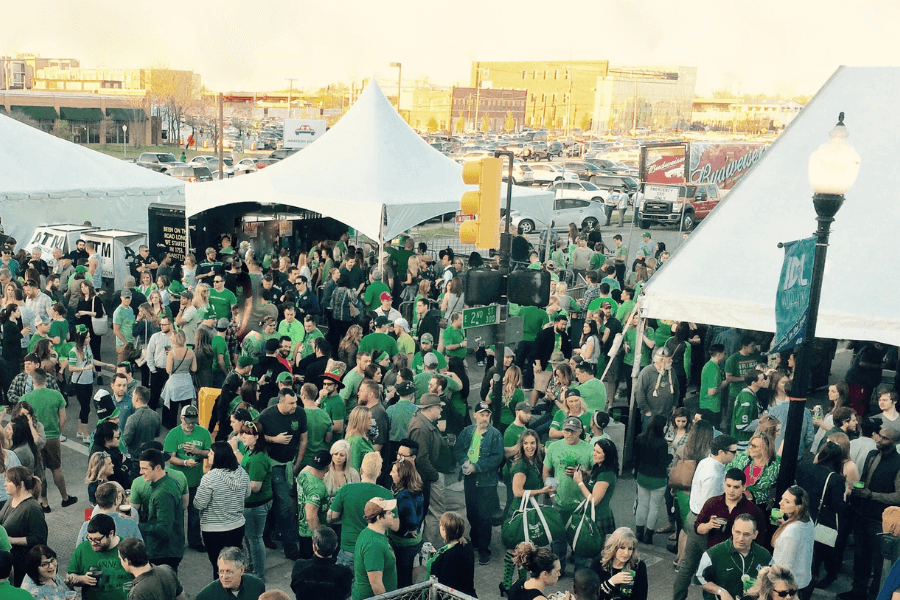 A crowd in the Blue Dome District on St. Patrick's Day