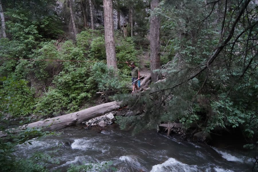 Man crosses log to rock climbing location