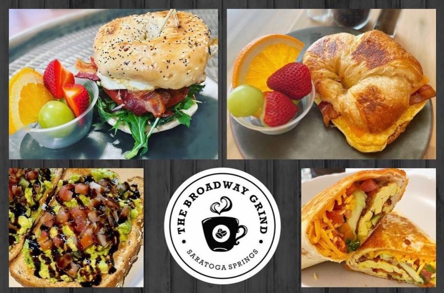 Photo collage of four entrees at The Broadway Grind