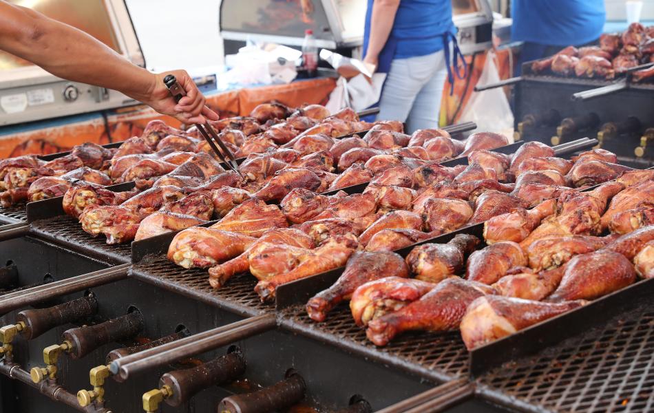 A display of turkey legs at the Oklahoma State Fair