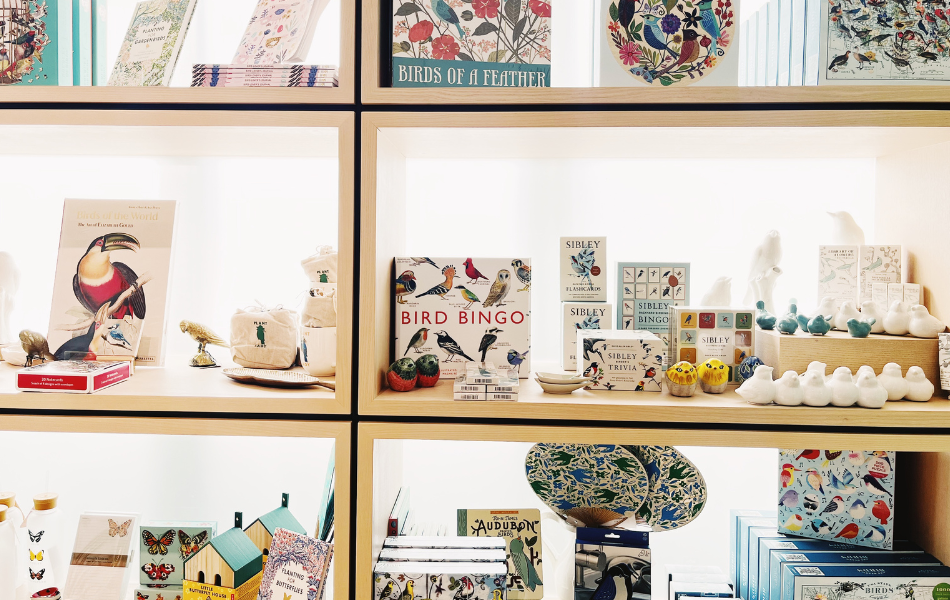 A shelf full of goodies at the Myriad Botanical Gardens gift shop.