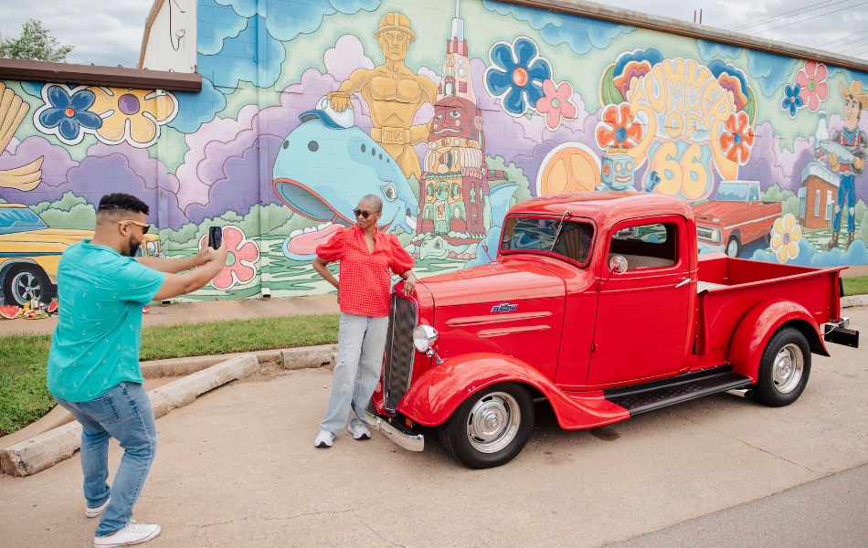 Retro car in front of Route 66 Mural