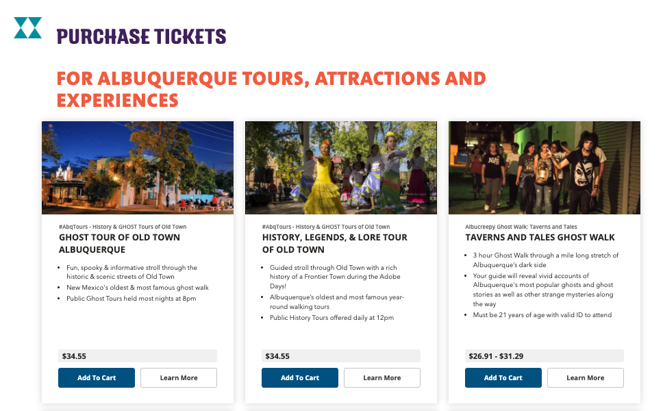 A screenshot of the new ticketing platform on Visit Albuquerque's website