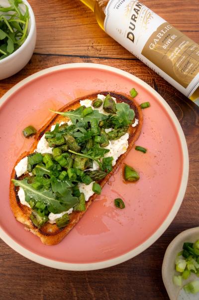 Plated Spring Garlic & Veggie Toast by Durant Vineyards