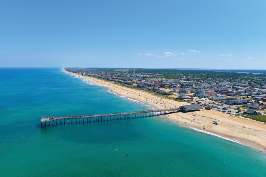 aerial view of the avalon pier and the beach