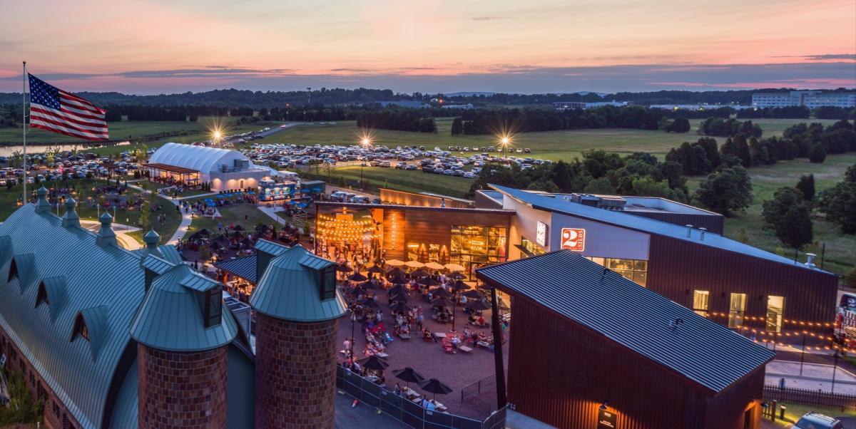 evening aerial view of Farm Brew Live