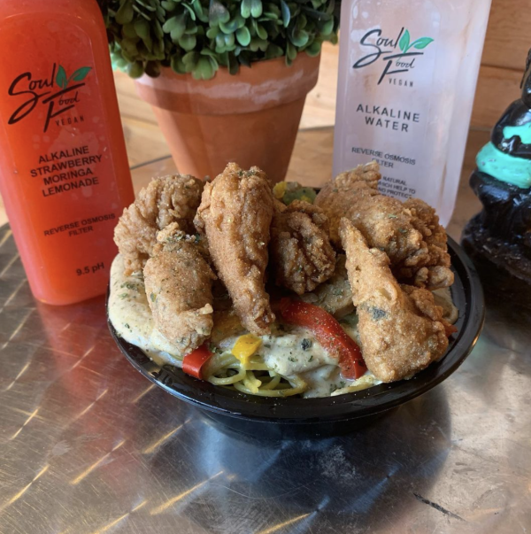 Jambalaya and Cajun spaghetti at Soul Food Vegan in Houston, TX