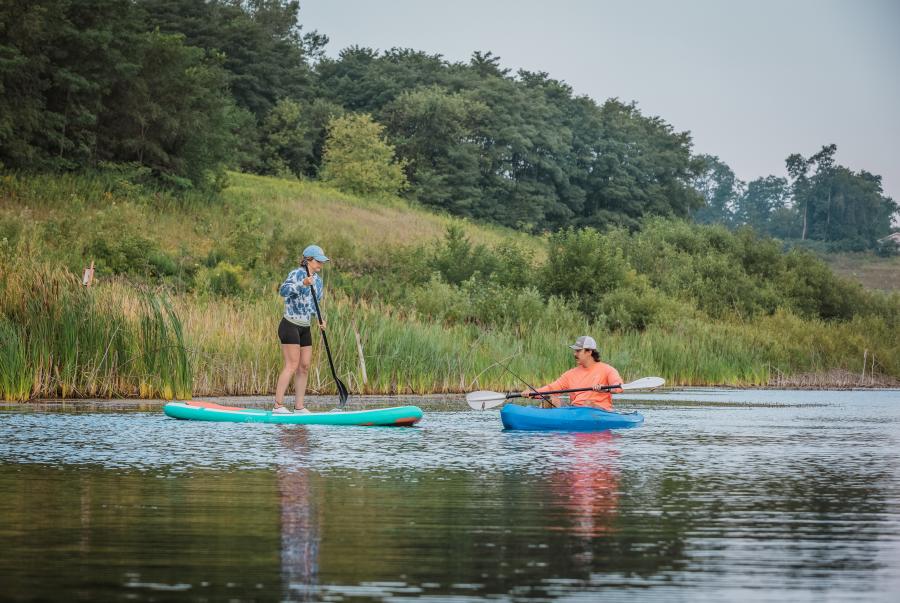 A woman standing on a paddle board and a man sitting in a kayak, both paddling on a calm lake in McHenry County, Northern Illinois. The serene setting is accentuated by lush greenery and a tranquil water surface reflecting the paddlers.