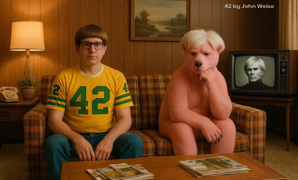 in this AI image, a person sits on a plaid couch looking at the camera. His shirt has "42" on it. Next to him is a pink bear with blonde hair. In the background is a TV displaying a photo of Andy Warhol.