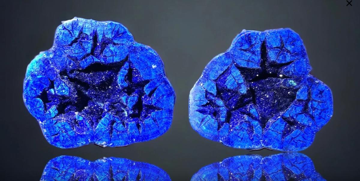 Photo showcases a cross section of a brilliant blue Azurite Geode from Mikheyevskoe Mine, Chelyabinsk Oblast, South Ural Region, Russia.