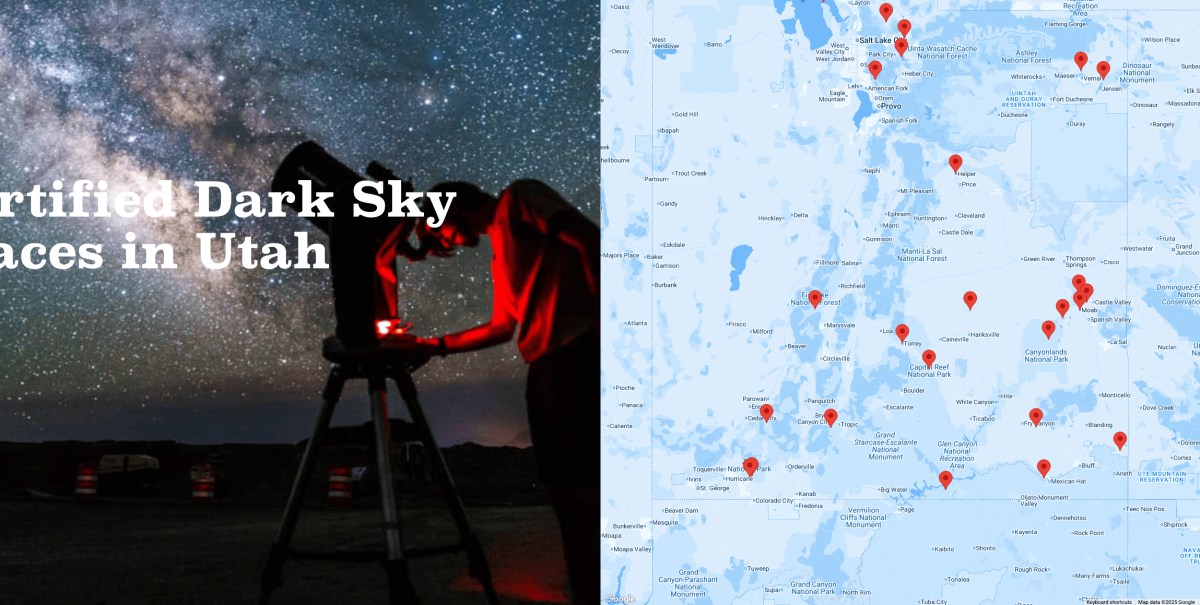 A screenshot from Visit Utah's website showing a map of certified dark sky places in Utah.