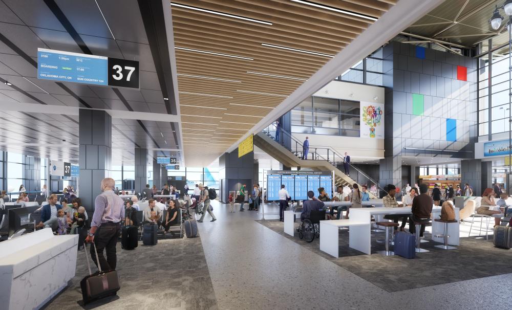 A digital rendering of a busy terminal at an airport filled with people moving about.