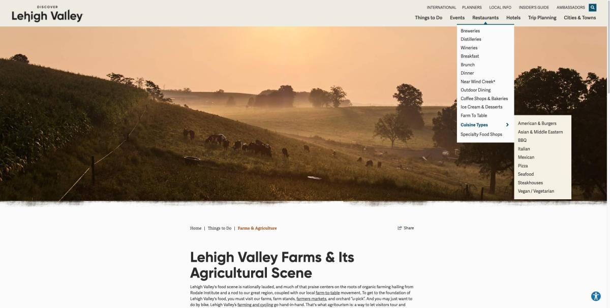 A screenshot of Discover Lehigh Valley's farms and agriculture scene page.