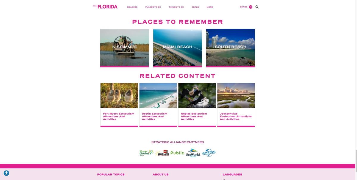 A screenshot of Visit Florida's ecotourism page with links to related content.