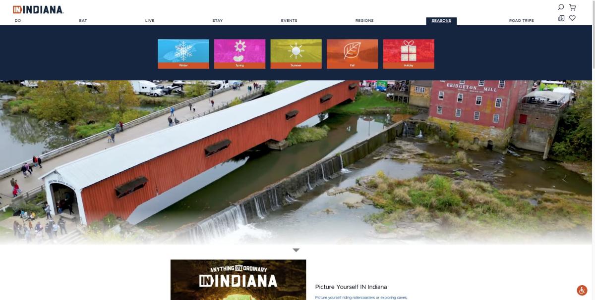 A screenshot of the homepage of Visit Indiana's website.