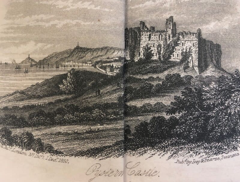 An old illustration of Oystermouth Castle.