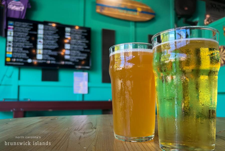 Southport Tap and Cellar, Southport NC, two beer glasses on a table