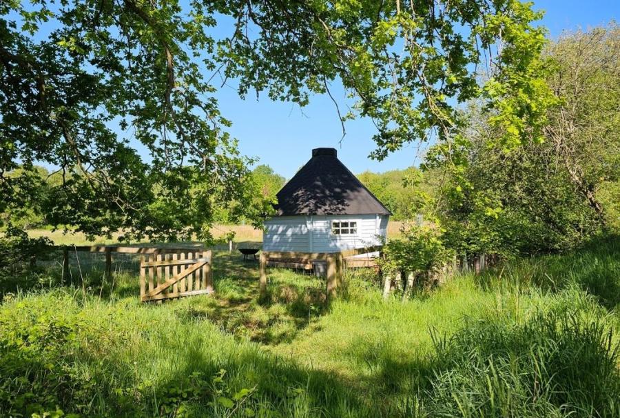 A small, pale blue wooden cabin amongst trees and fields at Wolford Wood