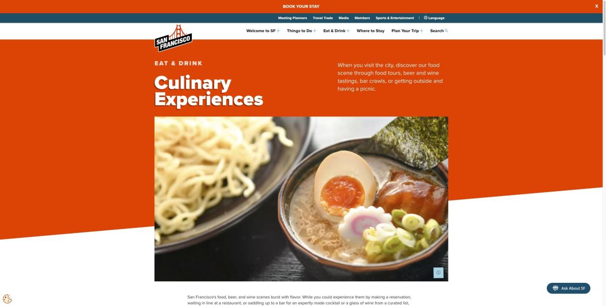 A screenshot of the Culinary Experiences landing page on SF Travel's website.