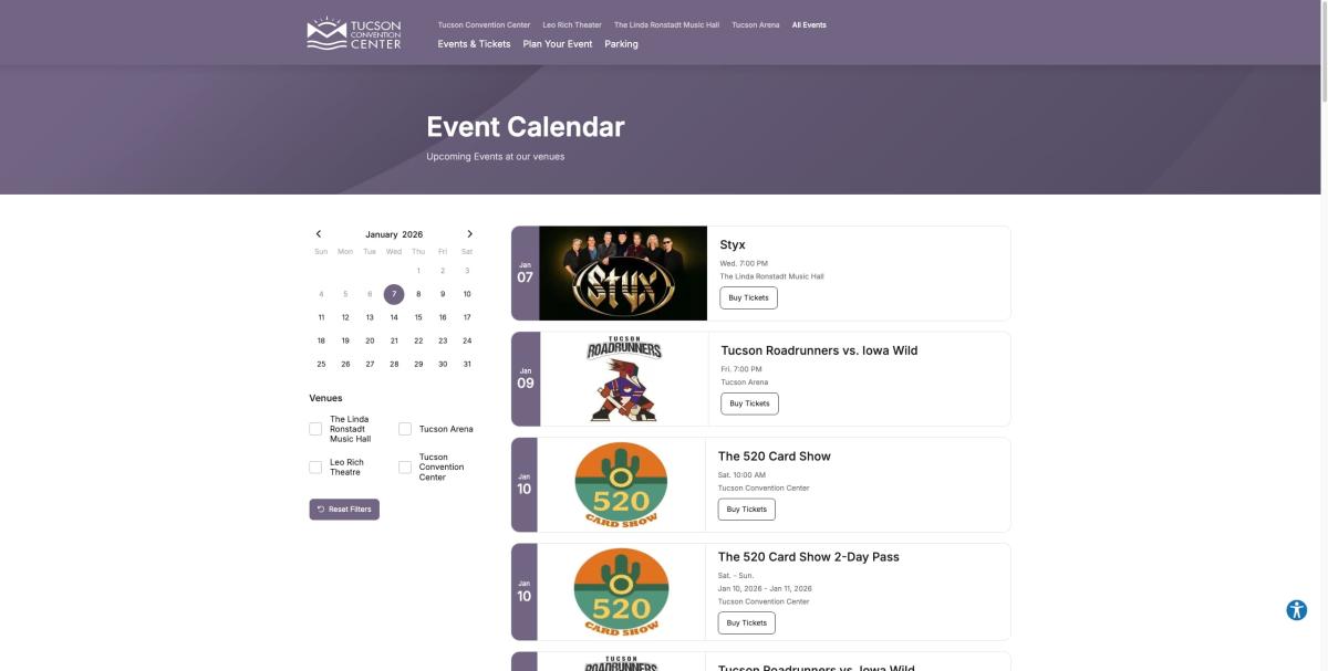 The Tucson Convention Center events calendar displayed in a web browser.