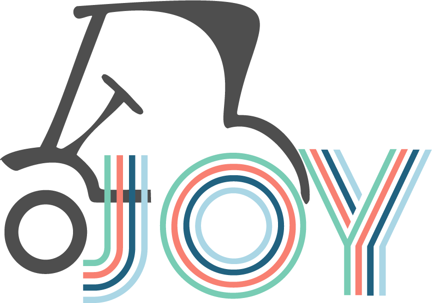 Multicolored logo reading "JOY" with a golf cart outline behind it.