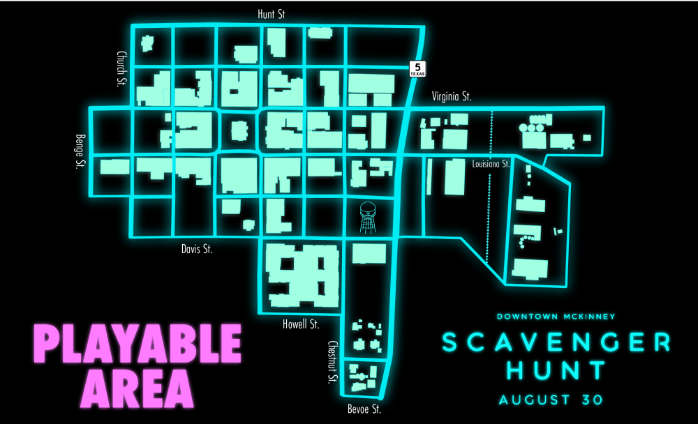 hot pink capital letters read Playable Area - neon green on black background map of downtown McKinney