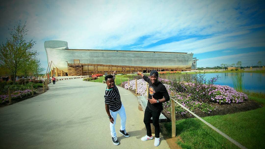 Two young men pointing at the Ark Encounter