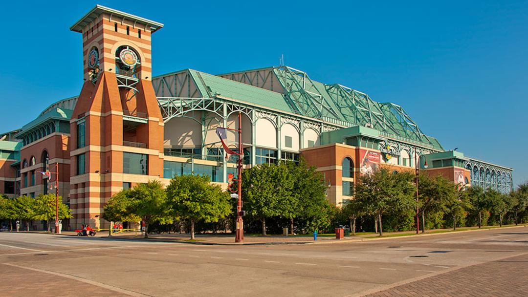 Minute Maid Stadium Exterior In Houston With Astros Fans Lined Up