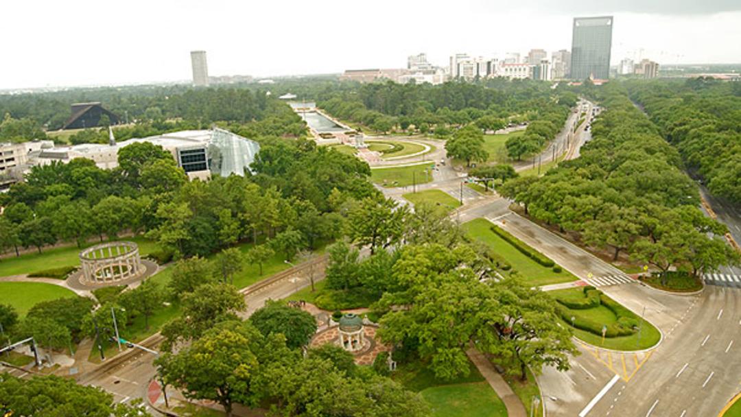 Aerial view of the expansive green spaces in Houston's Museum District.