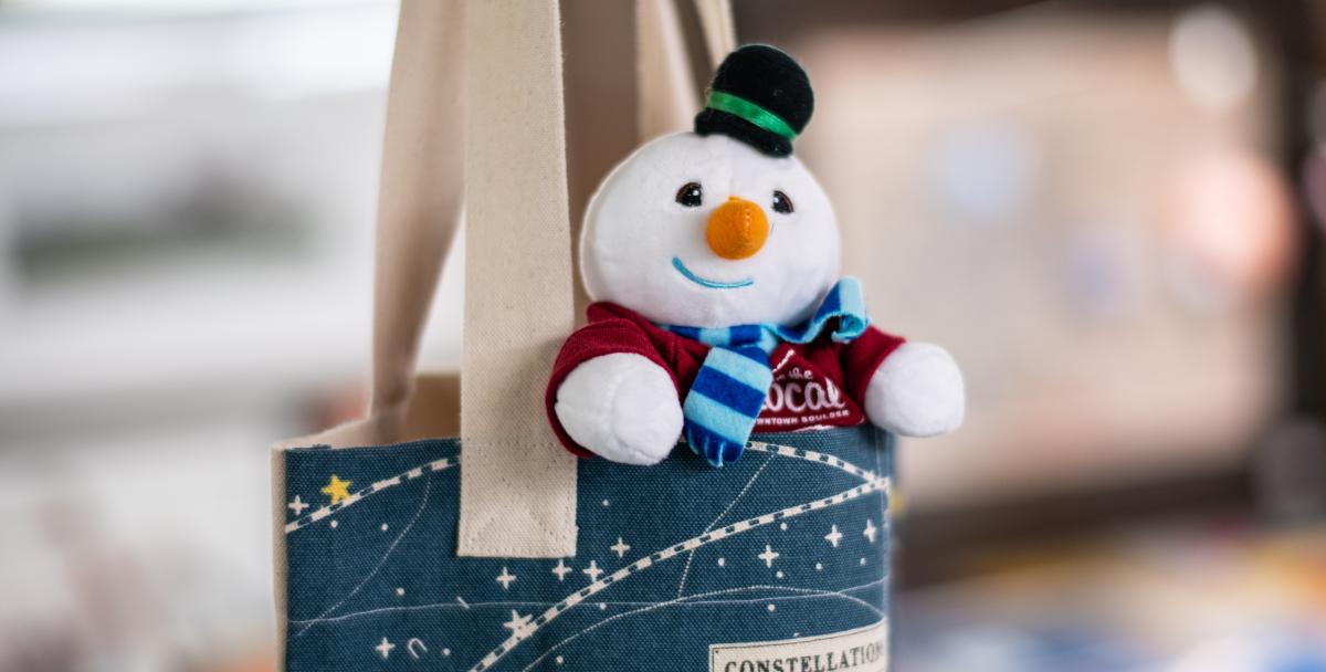 A little stuffed snowman hiding in a tote bag for Freezie Fest in Boulder, CO.