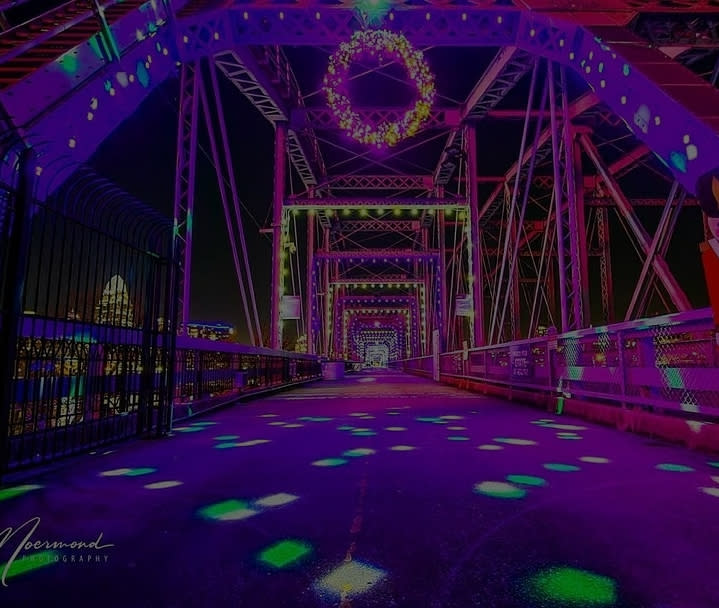 Purple People Bridge Winter Nights Holiday Lights with wreath